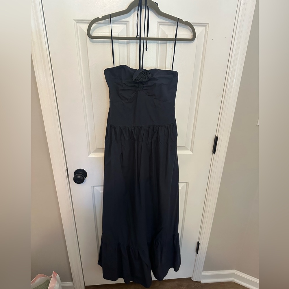 Navy Strapless Maxi Dress with Smocked Bodice